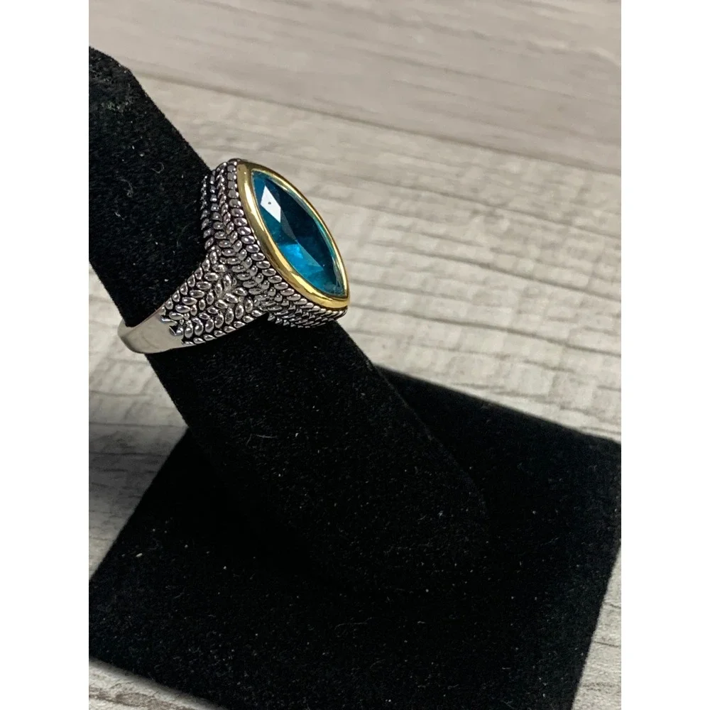 Blue Marquise Stone Mixed Metal Textured Band Statement Ring Size 6.25